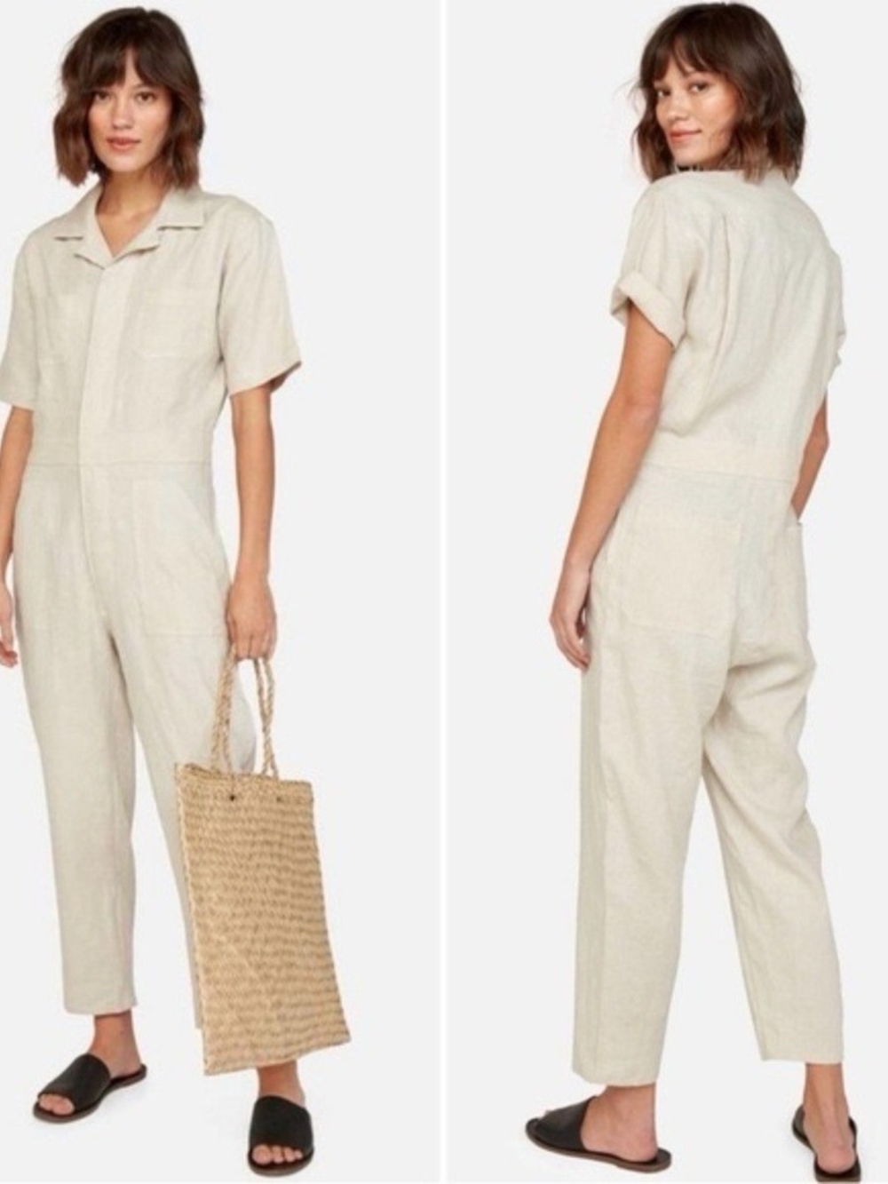 Mate The Label Light Cream Short-Sleeve Linen Jumpsuit Size Small - Picture 1 of 5